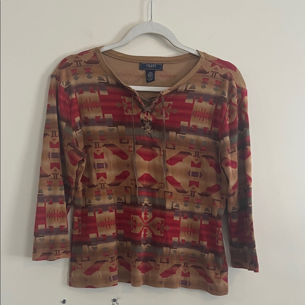 Vintage Chaps Southwestern Top Lace Up Western Aztec Boho Cotton Earthy Autumn‎